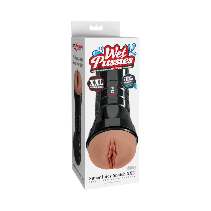 The PDX Juicy Snatch XXL Self Lubricating Stroker for Large Penises - Chocolate has packaging showcasing a close-up of the realistic stroker with "Real Feel Super Skin" and precision suction control. It includes "Zing Lube," and features an enticing red, black, and white design.