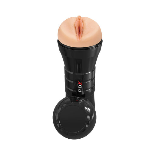 The PDX Juicy Snatch XXL Self Lubricating Stroker for Large Penises in black features a tactile grip and rounded human-like opening, with "PDX" displayed on the side. Crafted from self-lubricating TPE material, it offers an ultra-realistic experience.