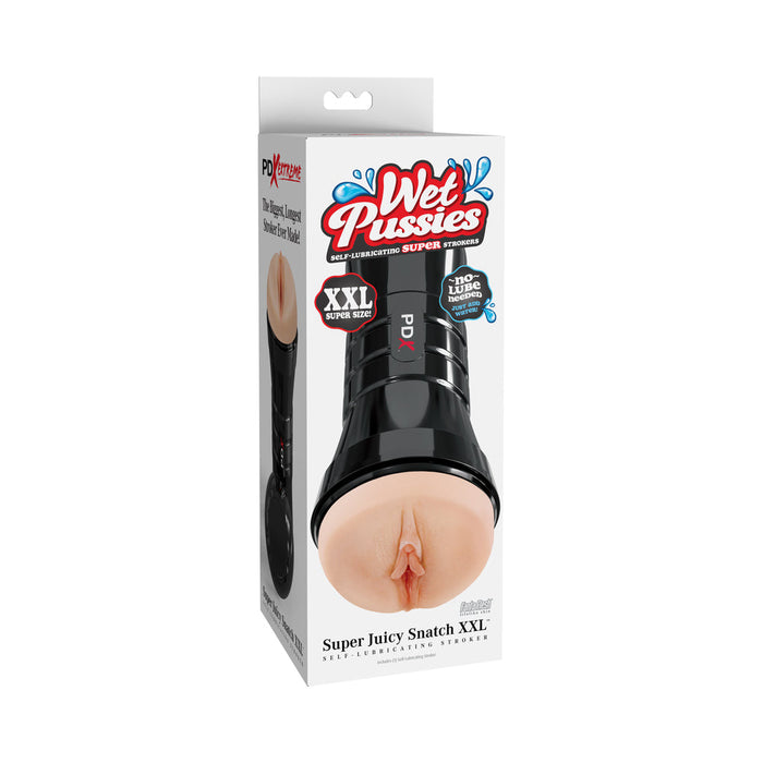 The image shows a predominantly white box with red and black accents for the PDX Juicy Snatch XXL Self Lubricating Stroker. Features include "Super Juicy Snatch XXL," "Wet Pussies," and a textured pleasure tunnel, specifically designed for large penises with a vanilla scent.