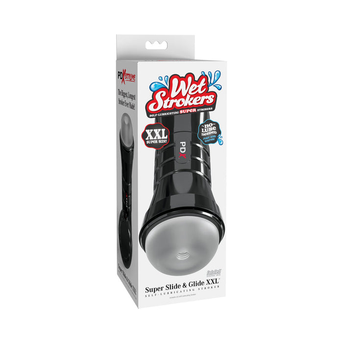 The PDX XXL Self Lubricating Stroker for Large Penises boasts a sleek black container with a gray cap, bold branding, and water splash graphics. Text emphasizes its self-lubricating features, ideal for those wanting a textured pleasure tunnel experience.