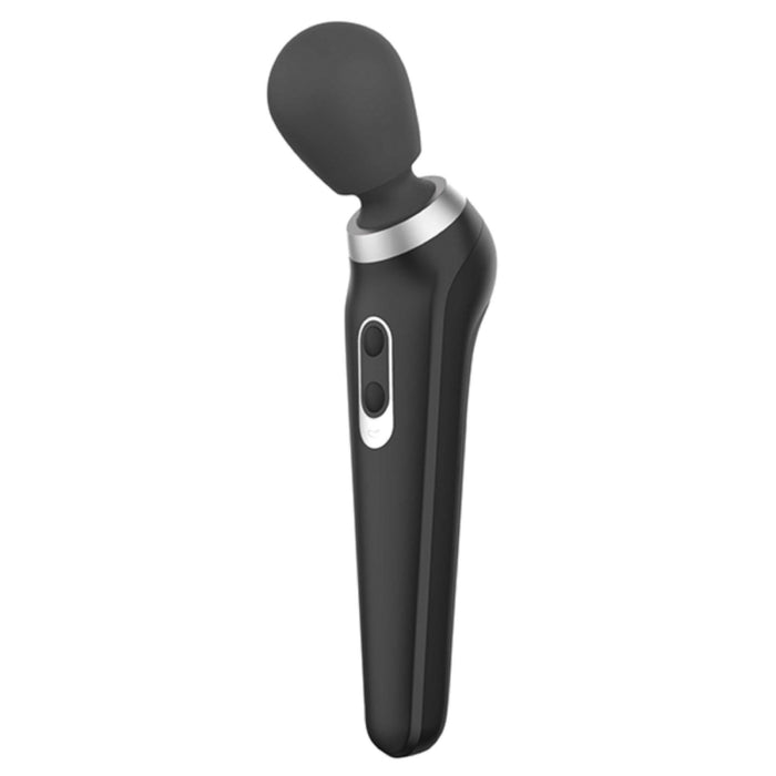 An image of the Palm Power Extreme Rumbly Ergonomic Wand Vibrator by BMS Enterprises, showcasing its black handheld design with a rounded head made from medical grade silicone. The wand features an ergonomic shape, a silver accent near the head, and a control panel with buttons on the handle. This powerful massager is also rechargeable for your convenience.