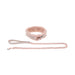 The Peaches 'n Cream Fur Collar and Leash by Sportsheets is a plush pink collar featuring a buckle and a detachable rose gold chain leash, ideal for subtle bondage in intimate settings. It includes a wrist loop handle for convenience, with both the leash and collar displayed gracefully against a plain white background.