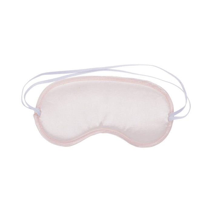 Introducing the Peaches 'n Cream Silky Blindfold by Sportsheets, an enchanting intimate accessory that boasts pink silk with white elastic straps, designed to softly envelop your eyes for optimal light blocking during sleep.