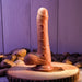 The Peek A Boo Uncut Vibrating 8" Silicone Caramel Dildo by Evolved Novelties, with its flexible shaft, stands upright on a wooden surface surrounded by several smooth rocks. The background showcases wooden planks and the entire scene is illuminated with a purple hue.