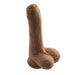 The Peek A Boo Uncut Vibrating 8" Silicone Caramel Dildo by Evolved Novelties is a realistic, caramel-toned silicone dildo featuring detailed textures and veining along its length. This vibrating dildo is waterproof for easy cleaning, and the base is equipped with a suction cup for hands-free use.