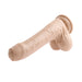 The Peek A Book Uncut Vibrating 8" Silicone Vanilla Dildo by Evolved Novelties offers a realistic foreskin design, featuring detailed texture and veins along with a powerful suction cup base.