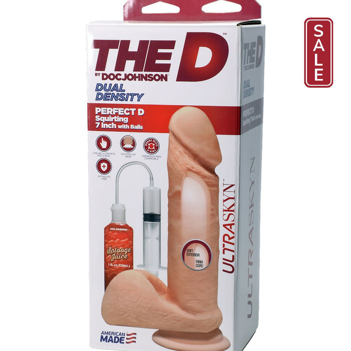 The D - Perfect D - Squirting 7 Inch With Balls - Vanilla in box angled to left