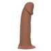 A Performance Maxx Realistic Hollow Dildo Silicone Strap-on Penis Extension (Dark) by CalExotics, with detailed, realistic veins in a neutral brown color, designed to emulate the appearance of an erect penis, stands upright with a textured surface.