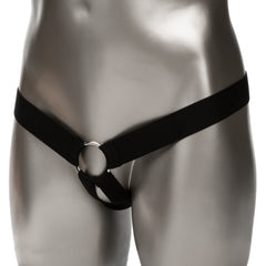 A close-up image of a mannequin wearing a Performance Maxx Realistic Hollow Dildo Silicone Strap-on Penis Extension (Dark) around the hips, featuring a silicone dildo with realistic veins from CalExotics.