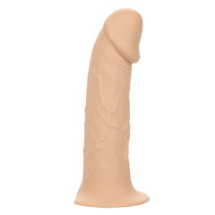 This image displays a realistic hollow silicone dildo with detailed texture, positioned upright, against a plain white background. 
Product Name: CalExotics Performance Maxx Realistic Hollow Dildo Silicone Strap-on Penis Extension (Light)