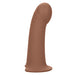 A close-up image of a Performance Maxx Smooth Hollow Dildo Silicone Strap-on Penis Extension (Dark) by CalExotics with a smooth surface and a slightly curved shaft, standing upright against a plain white background.