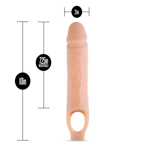 A beige, body-safe penis-shaped sleeve with a realistic feel is pictured. The Performance Plus 10 Inch Silicone Penis Extender with Ball Strap - Vanilla by Blush features an overall length of 10 inches, an insertable length of 7.25 inches, and a diameter of 2 inches. It also includes an open ring at the base for added convenience.