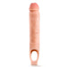 Introducing the Performance Plus 11.5 Inch Silicone Penis Extender with Ball Strap - Vanilla by Blush: a body-safe silicone sleeve, in a beige color shaped like a penis, and featuring realistic ribbing and a pink tip. The open ring at the base is designed for individual use or as an attachment to extend your dick. The item is displayed against a white background.