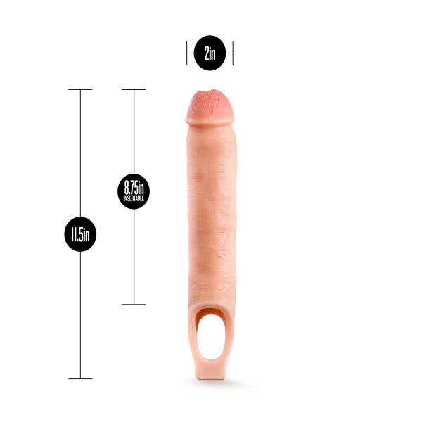 The image features the Performance Plus 11.5 Inch Silicone Penis Extender with Ball Strap in Vanilla by Blush. This body-safe, ultra-real feel extender boasts detailed measurements: a total length of 11.5 inches, an insertable length of 8.75 inches, and a diameter of 2 inches. It has a hollow interior with an open end for insertion and includes a hole at the base for added convenience.