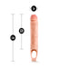 The image features the Performance Plus 11.5 Inch Silicone Penis Extender with Ball Strap in Vanilla by Blush. This body-safe, ultra-real feel extender boasts detailed measurements: a total length of 11.5 inches, an insertable length of 8.75 inches, and a diameter of 2 inches. It has a hollow interior with an open end for insertion and includes a hole at the base for added convenience.