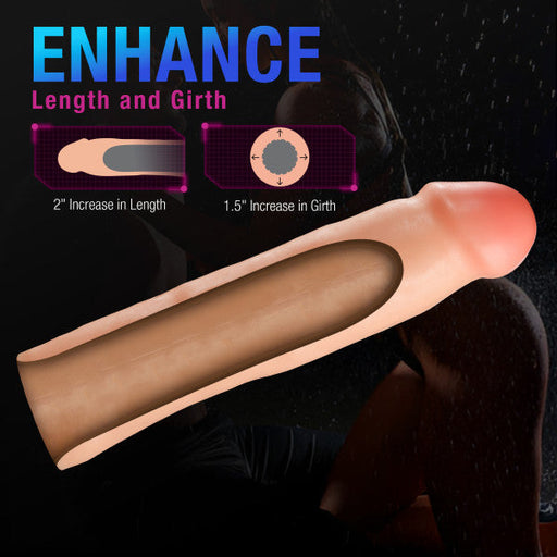 The Blush Performance Plus 2 Inch Silicone Penis Extender is showcased with the tagline "Enhance Length and Girth." The accompanying image emphasizes a penis extension of 2 inches in length and an increase of 1.5 inches in girth, displaying both side and cross-sectional views of the sleeve against a dark background.