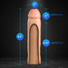 A Blush Performance Plus 2 Inch Silicone Penis Extender, shaped like an elongated hollow sleeve in a flesh tone, is displayed against a black background. Blue labels indicate various measurements: the total length is 8.5 inches, the extension at the top measures 2 inches, and the insertable portion is 6.75 inches, designed to increase girth for a fuller experience.