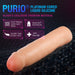 A promotional image for the Performance Plus 2 Inch Silicone Penis Extender by Blush. Made with 'Purio' platinum-cured liquid silicone, it features a light beige, realistic design with Sensa Feel Dual Density and UltraSilk Satin Smooth Finish. This extender is perfect for increasing girth and is 100% body safe.