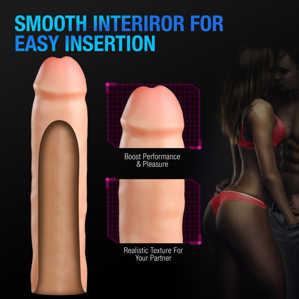 Graphic featuring the Blush Performance Plus 2 Inch Silicone Penis Extender designed to resemble a penis. Captions highlight its smooth interior for easy insertion, enhanced performance and pleasure, and increased girth with its silicone sheath. A couple in suggestive clothing is seen in the background.