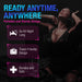 A moody image features a woman in lingerie posing seductively, her head tilted back. Bold blue text reads, "Ready Anytime, Anywhere." Below, icons and text highlight key features: "Go All Night Long," "Travel-Friendly Design," and "Durable and Safe with Silicone Sheath." Introducing the Performance Plus 2 Inch Silicone Penis Extender by Blush.