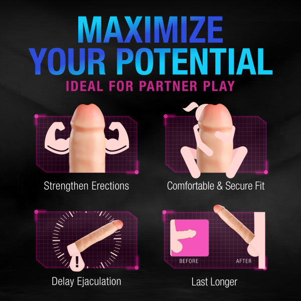 A promotional image featuring four cartoon depictions of the Performance Plus 2 Inch Silicone Penis Extender by Blush on an erect penis, with text emphasizing benefits: "Strengthen Erections," "Comfortable & Secure Fit," "Delay Ejaculation," and "Increase Girth." The title reads, "Maximize Your Potential - Ideal for Partner Play.