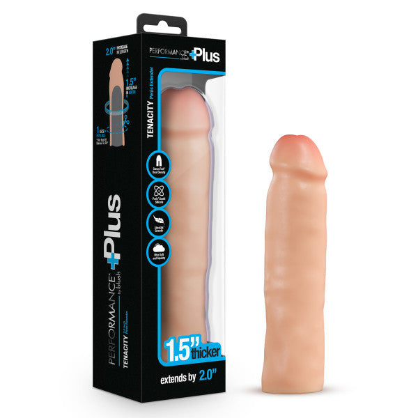 The image showcases a Blush product and its packaging. The product, dubbed "Performance Plus 2 Inch Silicone Penis Extender," is a flesh-colored, realistic-appearing silicone sheath. The packaging highlights that it increases girth by 1.5 inches and extends length by 2 inches.