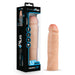 The image showcases a Blush product and its packaging. The product, dubbed "Performance Plus 2 Inch Silicone Penis Extender," is a flesh-colored, realistic-appearing silicone sheath. The packaging highlights that it increases girth by 1.5 inches and extends length by 2 inches.