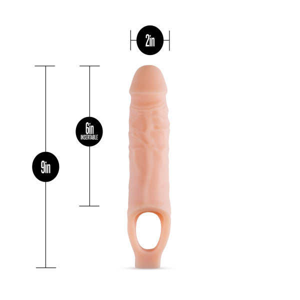 The Performance Plus 9 Inch Silicone Penis Extender with Ball Strap - Vanilla by Blush is a beige silicone sleeve shaped like a penis, featuring ribbed stimulation and a ring at the base. Measuring 9 inches in total length, 2 inches in width, and offering 6 inches of insertable length, this realistic silicone sheath promises an enhanced experience.