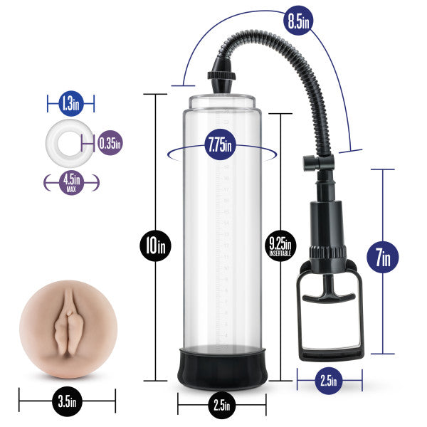 An image of the Performance VX5 Male Enhancement Penis Pump System with Realistic Sleeve by Blush. The cylindrical tube is 10 inches long with a 2.5-inch diameter, featuring an 8.5-inch flexible hose and a 7-inch pump handle. Accessories include a vaginal replica that is 3.5 inches wide and a ring with a 0.35-inch diameter designed for sexual male pleasure enhancement.
