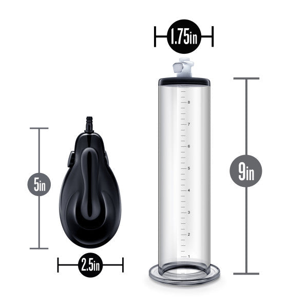 A black device with an ergonomic handle is shown next to a transparent cylindrical container with measurement markings. The Performance VX9 Vacuum Penis Pump by Blush, labeled as 5 inches tall and 2.5 inches wide, complements the container, which is labeled as 9 inches tall and 1.75 inches in diameter.