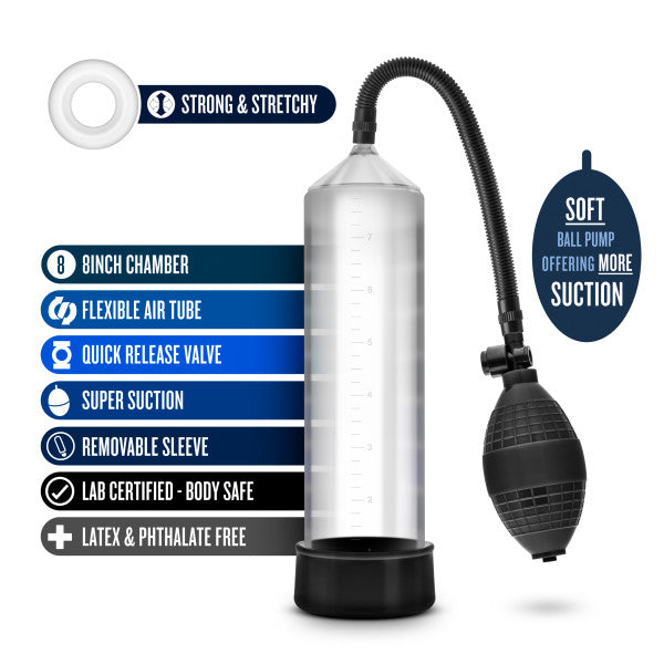 Image of the Blush Performance Vx101 Male Enhancement Penis Pump showcasing its various components and features. The pump includes an 8-inch chamber, flexible air tube, quick release valve, super suction, removable sleeve, and latex-free construction. Text highlights "strong & stretchy" and "soft ball pump offering more suction.