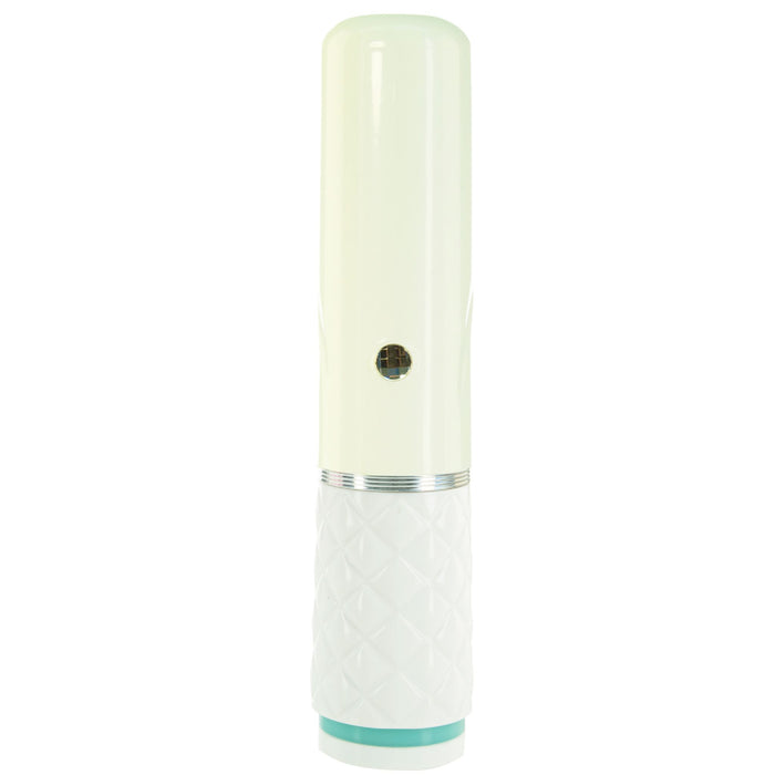 The Pillow Talk Feisty Thrusting Vibrator with Case by BMS Enterprises is a sleek, cylindrical device featuring a glossy white upper section and a textured, diamond-patterned lower section. The lower section is accented with a mint green trim at the base and includes a small circular sensor or button at its center. This USB rechargeable gadget seamlessly combines modern aesthetics with functional design.