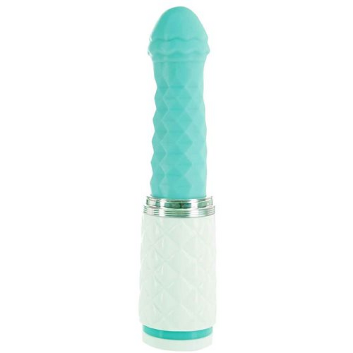 The Pillow Talk Feisty Thrusting Vibrator with Case by BMS Enterprises features a teal and white textured design with a ribbed pattern that stretches from the base to the tip. The base boasts a quilted design in white, separated from the teal top by a silver ring. The teal top includes a USB rechargeable, cylindrical shaft for enhanced pleasure.