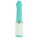 The Pillow Talk Feisty Thrusting Vibrator with Case by BMS Enterprises features a teal and white textured design with a ribbed pattern that stretches from the base to the tip. The base boasts a quilted design in white, separated from the teal top by a silver ring. The teal top includes a USB rechargeable, cylindrical shaft for enhanced pleasure.