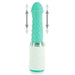 The Pillow Talk Feisty Thrusting Vibrator with Case from BMS Enterprises is a teal-colored silicone vibrator featuring a textured shaft and a white diamond-patterned handle. It offers convenient USB rechargeable capabilities and includes gray arrows pointing up and down around the shaft to indicate its thrusting motion.