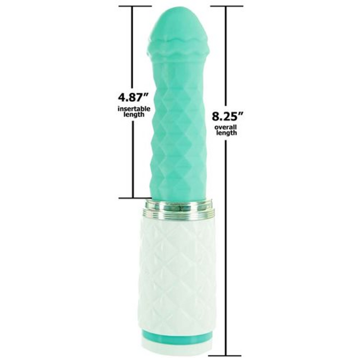 The Pillow Talk Feisty Thrusting Vibrator with Case by BMS Enterprises features a turquoise, textured silicone shaft and a quilted white base. The product details indicate measurements of 4.87" insertable length and 8.25" overall length. This USB rechargeable device ensures continual pleasure without the worry of batteries.