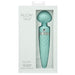 The Pillow Talk Sultry Warming Double Ended Wand Vibrator by BMS Enterprises in teal comes in its packaging, showcasing a round, bulbous top and a slimmer, tapered bottom. The handle features a quilted design complemented by a crystal adornment. Made with premium silicone for comfort, the massager offers powerful vibrations for an exceptional experience.