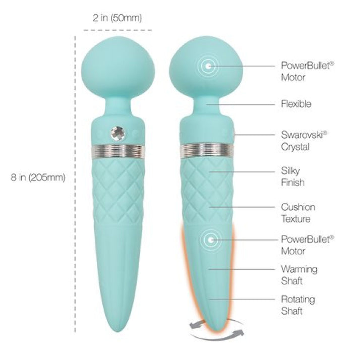 The Pillow Talk Sultry Warming Double Ended Wand Vibrator in Teal by BMS Enterprises is displayed. This vibrator features a PowerBullet motor, powerful vibrations, flexibility, Swarovski crystal embellishment, a premium silicone finish with cushion texture, a warming shaft, and a rotating shaft. Dimensions: 8 inches long and 2 inches wide.