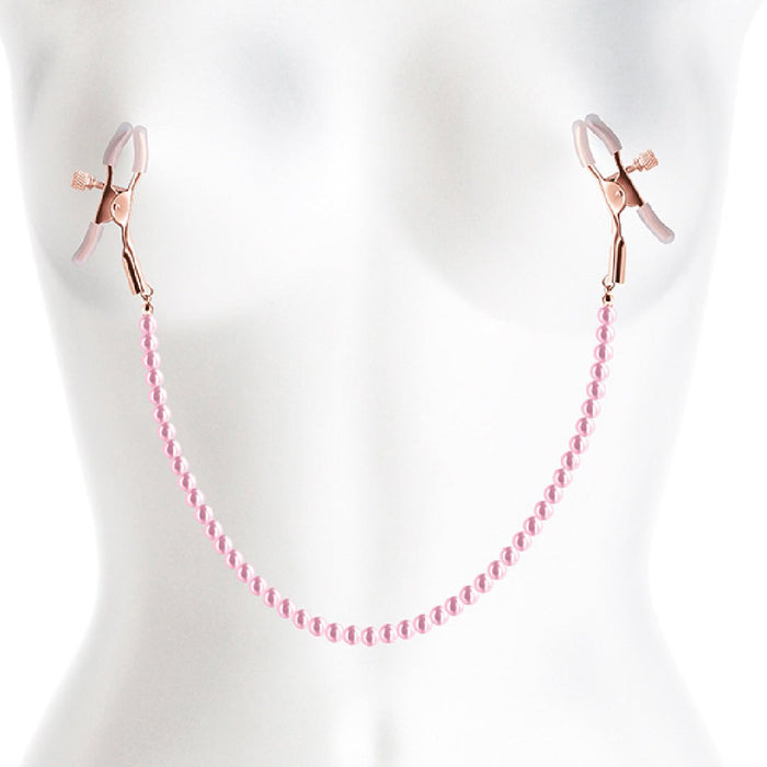 PInk Faux Pearl Chain Nipple Clamps on white manneuquin 