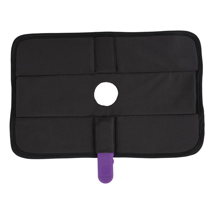 A black Sportsheets gel ice pack, designed for the Pivot 3 in 1 Play Pad Toy Mount, with a hole in the center and a purple adjustable strap.