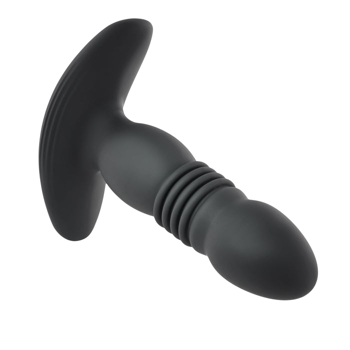 The Playboy Trust the Thrust Vibrating & Thrusting Anal Plug with Remote by Evolved Novelties features a black silicone design and a T-shaped handle for easy insertion and removal. It boasts a smooth, tapered tip alongside a ribbed portion near the base for added texture. This waterproof sex toy ensures safe and enjoyable use in various settings.