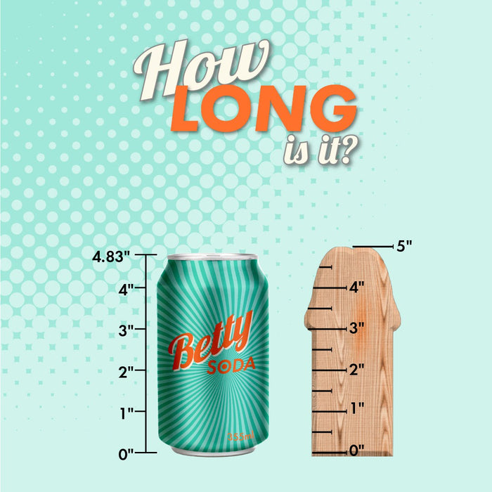 A "How Long is it?" poster features a Tantus Pop N' Play Silicone Squirting Packer Dildo - Chocolate measuring 4.83 inches tall, next to a wooden measuring stick showing measurements from 1 to 5 inches. The background is mint green with a dotted design on the left side, perfect for those seeking O-ring harness compatible visuals.