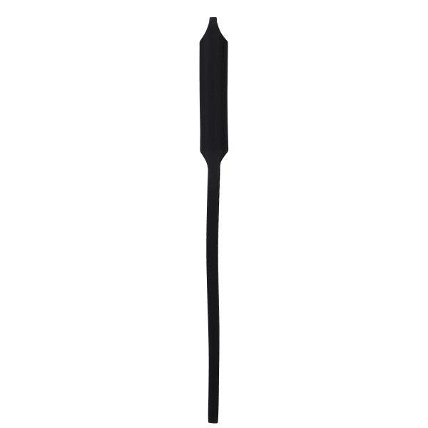 A black, elongated, and slender silicone kitchen spatula with a narrow, pointed tip and a handle. The entire tool is uniform in color and texture, resembling the sleek design featured in Doc Johnson's Raised Textured Silicone Spanking Paddle In a Bag collection.