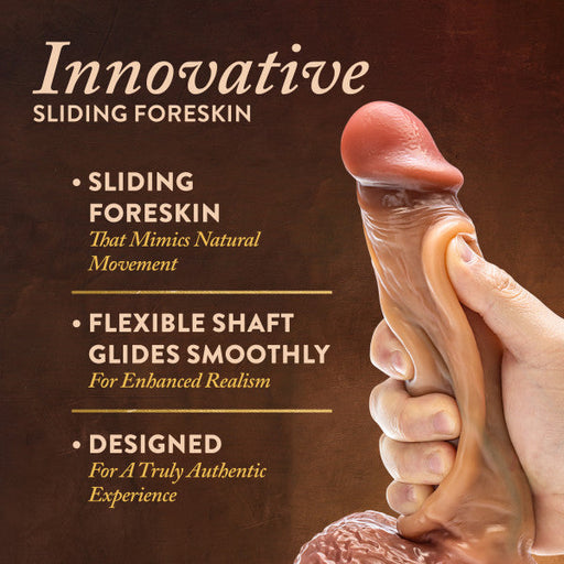 A hand holds the Blush Raphael Ultra Realistic 9.5 Inch Silicone Dildo in Caramel, showcasing its sliding foreskin that mimics natural movement. The image highlights features such as "Sliding Foreskin That Mimics Natural Movement," "Flexible Shaft Glides Smoothly For Enhanced Realism," and "Designed For A Truly Authentic Experience." This Raphael dildo is also strap-on compatible for versatile use.