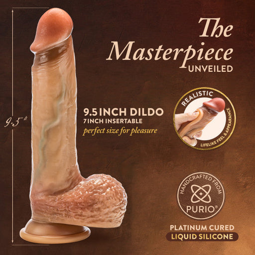 A 9.5-inch Raphael Ultra Realistic Silicone Dildo with Sliding Foreskin, featuring 7 inches insertable, is depicted against a brown background. Crafted from platinum-cured liquid silicone with lifelike details and a strong suction cup base, this caramel-colored product is branded by Blush as "The Masterpiece.