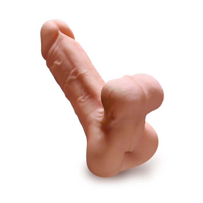 A flesh-colored silicone model shaped to resemble a realistic penis, complete with balls, displayed against a plain white background. This is the Reach Around Penis Stroker and Dildo with Balls by Pipedream Products.