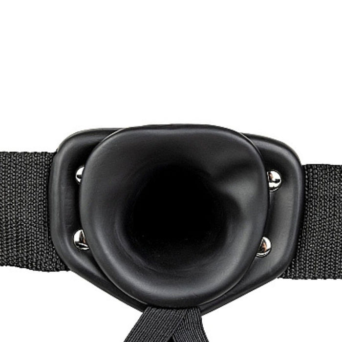 Black Realrock 6 Inch Hollow Dildo & Strap-on Harness close up of the hollow inner opening on a white background