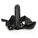 Entire Black Realrock 6 Inch Hollow Dildo & Strap-on Harness on a white background, standing vertically