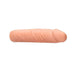 A Realrock 7 Inch Penis Extender Sleeve - Vanilla by Shots, designed to resemble a penis, featuring lifelike veins and detailed textures. Made from body safe materials, it is positioned horizontally on a plain white background.