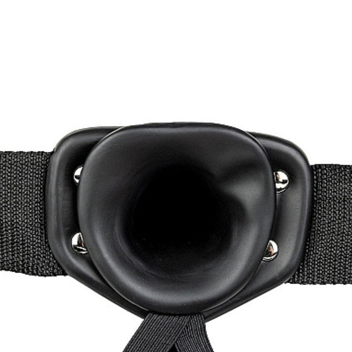 Black Realrock 8 Inch Hollow Dildo & Strap-on Harness close up of the hollow inner opening on a white background